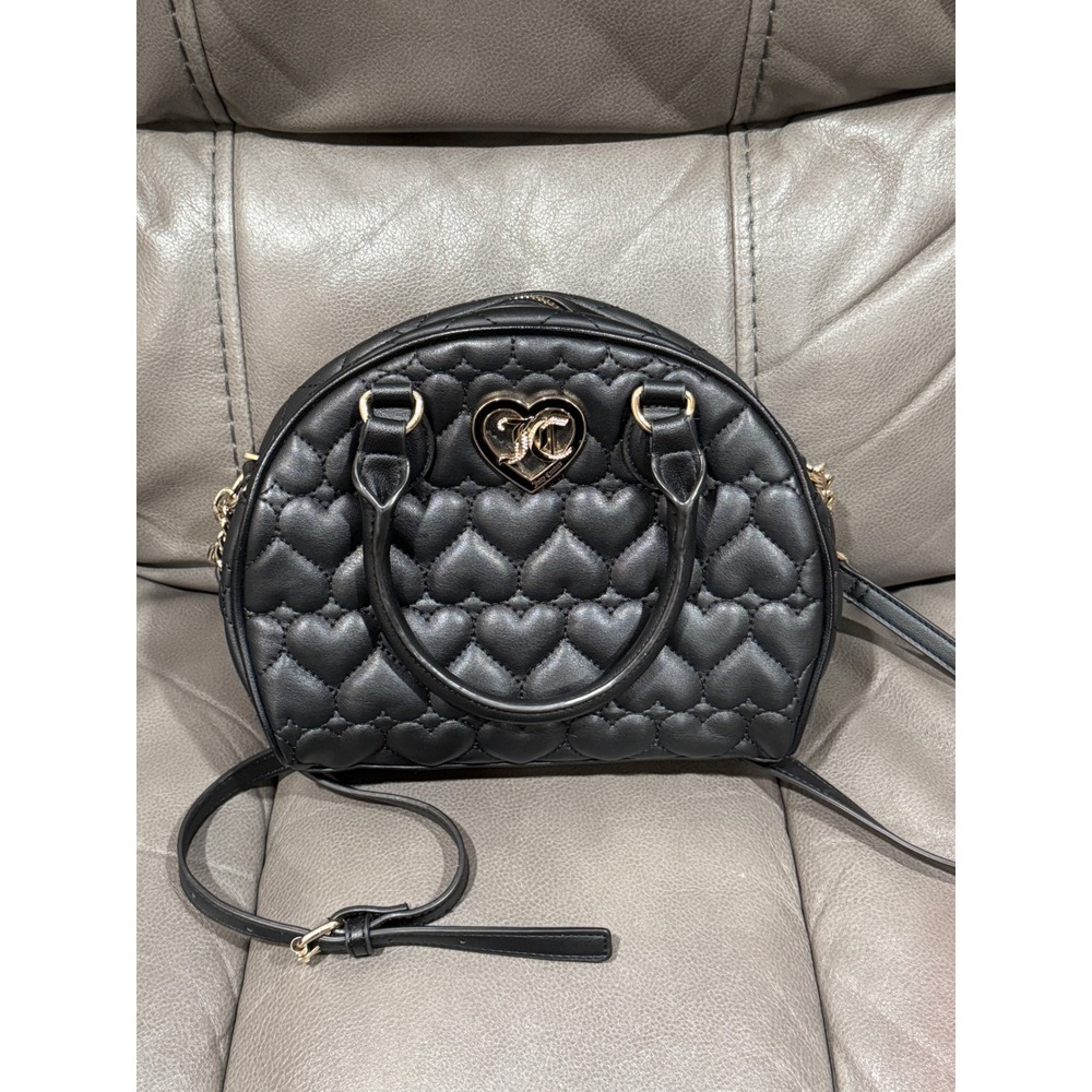 Juicy Couture Black Heart Quilted Dome Satchel Crossbody Bag‎ Gold JC Logo